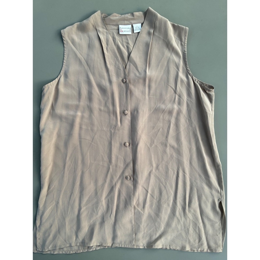 Hasting & Smith Womens Tan 100% Silk Sleeveless Button Front V-Neck Blouse Large